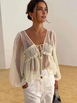 Discount Sheer Long Sleeve Drawstring Blouse Blouses & Shirts|Tops