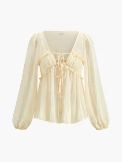 Discount Sheer Long Sleeve Drawstring Blouse Blouses & Shirts|Tops
