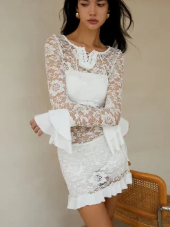 Discount Sheer Long Sleeve Lace Short Dress White Dresses|Casual Dresses