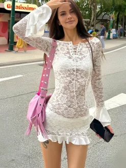 Discount Sheer Long Sleeve Lace Short Dress White Dresses|Casual Dresses