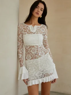 Discount Sheer Long Sleeve Lace Short Dress White Dresses|Casual Dresses