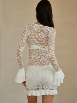 Discount Sheer Long Sleeve Lace Short Dress White Dresses|Casual Dresses