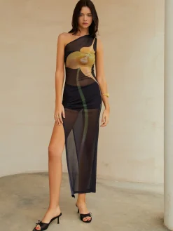Outlet Sheer One Shoulder Split Midi Dress Casual Dresses|Cocktail & Party Dresses