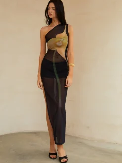 Best Sheer One Shoulder Split Midi Dress Black Dresses|Casual Dresses