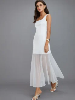 Hot Sheer Overlay Long Dress White Dresses|Casual Dresses