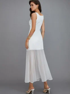 Hot Sheer Overlay Long Dress White Dresses|Casual Dresses