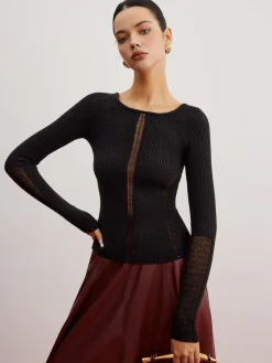 Discount Sheer Panel Ribbed Slim Sweater Sweater Tops|Sweaters & Cardigans