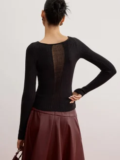 Discount Sheer Panel Ribbed Slim Sweater Sweater Tops|Sweaters & Cardigans