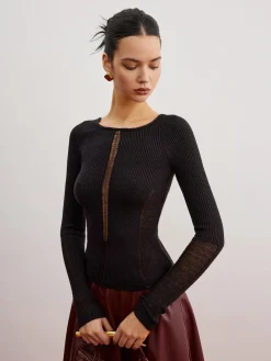 Discount Sheer Panel Ribbed Slim Sweater Sweater Tops|Sweaters & Cardigans