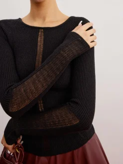 Discount Sheer Panel Ribbed Slim Sweater Sweater Tops|Sweaters & Cardigans