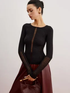 Discount Sheer Panel Ribbed Slim Sweater Sweater Tops|Sweaters & Cardigans