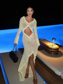 Discount Sheer Ruffle Trim Ruched Cutout Long Dress Casual Dresses|Cocktail & Party Dresses