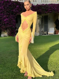Discount Sheer Ruffle Trim Ruched Cutout Long Dress Casual Dresses|Cocktail & Party Dresses