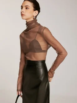 Clearance Sheer Stack Collar Bottoming Top T-shirts|Tops