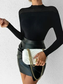 Discount Sheer-Shoulder Slim Panel Knit Top Sweater Tops|Sweaters & Cardigans