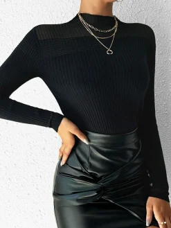 Discount Sheer-Shoulder Slim Panel Knit Top Sweater Tops|Sweaters & Cardigans
