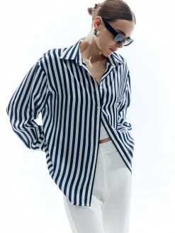 Online Shift Stripe Turndown Collar Shirt Blouses & Shirts|Tops