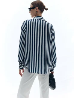 Online Shift Stripe Turndown Collar Shirt Blouses & Shirts|Tops
