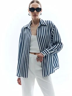 Online Shift Stripe Turndown Collar Shirt Blouses & Shirts|Tops