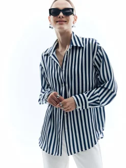Online Shift Stripe Turndown Collar Shirt Blouses & Shirts|Tops