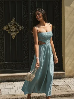 Clearance Shirred Cut Out Midi Dress Casual Dresses|Vacation Dresses