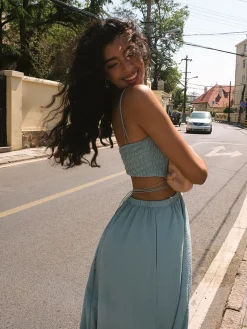 Clearance Shirred Cut Out Midi Dress Casual Dresses|Vacation Dresses
