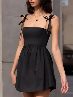 Online Shirred Knotted Cami Short Dress Black Dresses|Casual Dresses