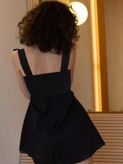 Online Shirred Knotted Cami Short Dress Black Dresses|Casual Dresses
