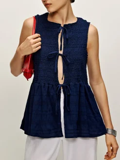 Outlet Shirred Lace Up Ruffle Tank Blouse Blouses & Shirts|Tank Tops & Camis