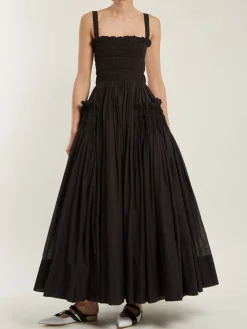 Outlet Shirred Pleated Cami Long Dress Black Dresses|Casual Dresses