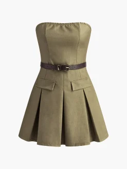 Clearance Shirred Pleated Tube Dress With Belt Casual Dresses|Work Dresses