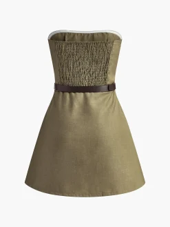 Clearance Shirred Pleated Tube Dress With Belt Casual Dresses|Work Dresses