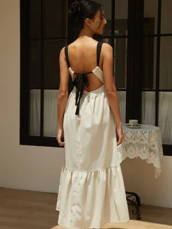 New Shirred Tie Detail Cami Long Dress White Dresses|Casual Dresses