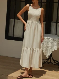 New Shirred Tie Detail Cami Long Dress White Dresses|Casual Dresses