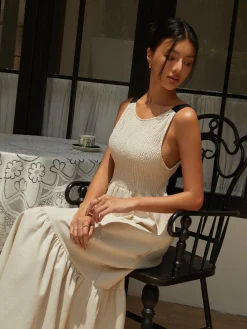 New Shirred Tie Detail Cami Long Dress White Dresses|Casual Dresses
