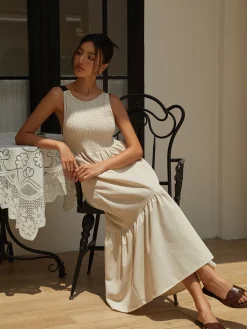 New Shirred Tie Detail Cami Long Dress White Dresses|Casual Dresses