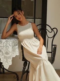 New Shirred Tie Detail Cami Long Dress White Dresses|Casual Dresses