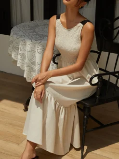 New Shirred Tie Detail Cami Long Dress White Dresses|Casual Dresses