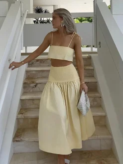 Shirred Waist Split Thigh Skirt Set Skirt Sets|Long Sleeve Sets