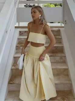 Shirred Waist Split Thigh Skirt Set Skirt Sets|Long Sleeve Sets