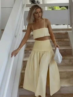 Shirred Waist Split Thigh Skirt Set Skirt Sets|Long Sleeve Sets