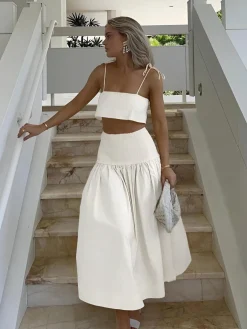 Shirred Waist Split Thigh Skirt Set Skirt Sets|Long Sleeve Sets