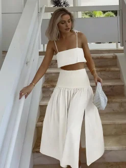 Shirred Waist Split Thigh Skirt Set Skirt Sets|Long Sleeve Sets