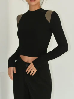 Outlet Shoulder Contrast Long Sleeve Shirt Sweater Tops|T-shirts