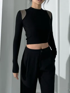 Outlet Shoulder Contrast Long Sleeve Shirt Sweater Tops|T-shirts