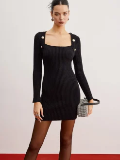 Hot Shrug Ribbed Slim Sweater Dress Black Dresses|Sweater Dresses