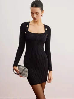 Hot Shrug Ribbed Slim Sweater Dress Black Dresses|Sweater Dresses