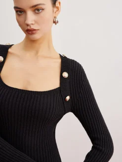 Hot Shrug Ribbed Slim Sweater Dress Black Dresses|Sweater Dresses