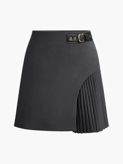 Sale Side Pleated Buckle Belted Skirt Skirts|Bottoms