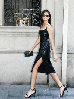 Discount Side Split PU Leather Cami Dress Black Dresses|Casual Dresses